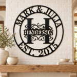 Black metal monogram sign with a large H, the name Henderson, Mark & Julia and Est. 2015, hanging on white brick above a wood mantel.