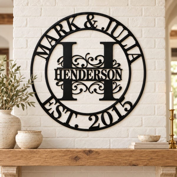 Black metal monogram sign with a large H, the name Henderson, Mark & Julia and Est. 2015, hanging on white brick above a wood mantel.