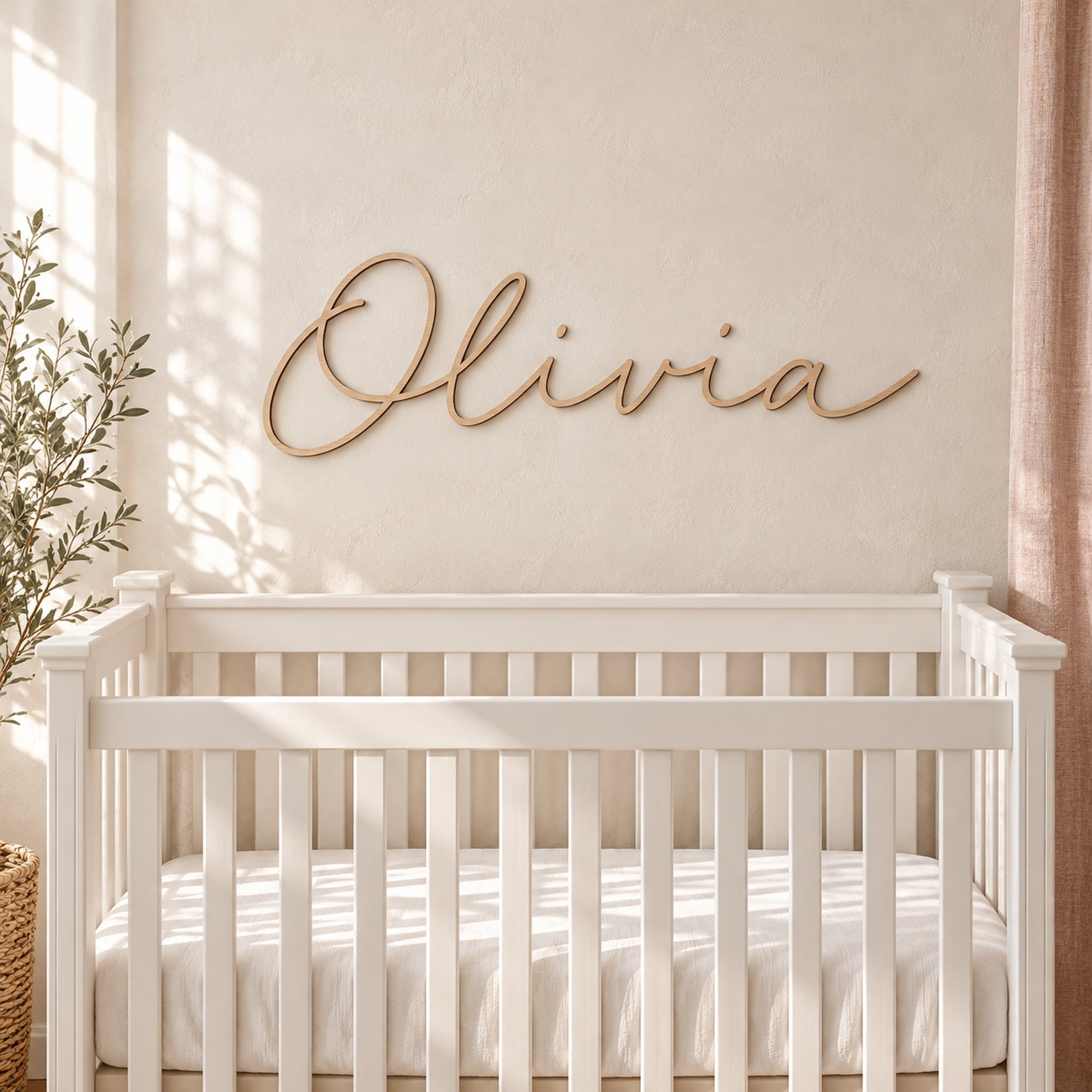 Wooden script nursery name sign reading Olivia in Barewood Natural, mounted on the wall above a white crib.