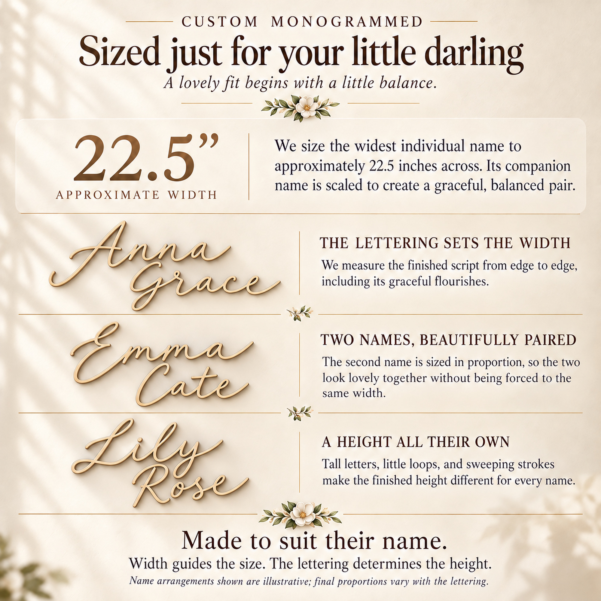 Size chart for a wooden script nursery name sign: the widest name is cut to about 22.5 inches across and a second name is sized in proportion, shown with the sample names Anna Grace, Emma Cate and Lily Rose.