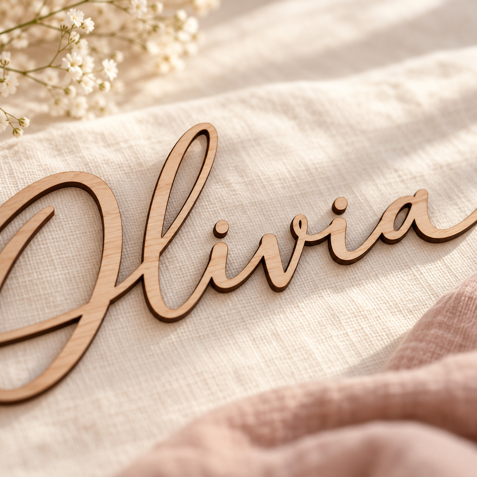 Close-up of a wooden script name sign in Barewood Natural showing the wood grain and laser-cut edges of the letters.