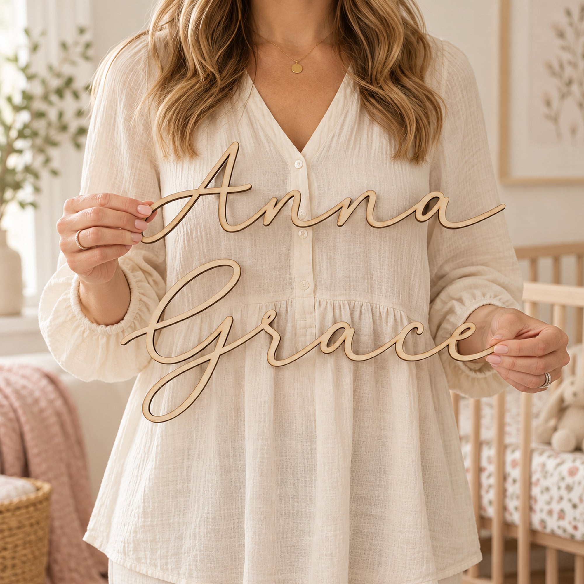 Person holding a wooden script name sign reading Anna Grace across their chest to show its size.