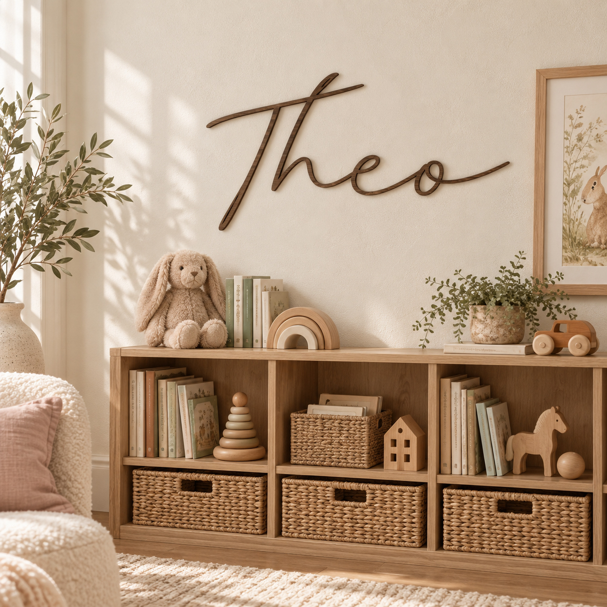 Wooden name sign reading Theo in Sunday Coffee Espresso on a playroom wall above a low bookshelf with baskets and books.