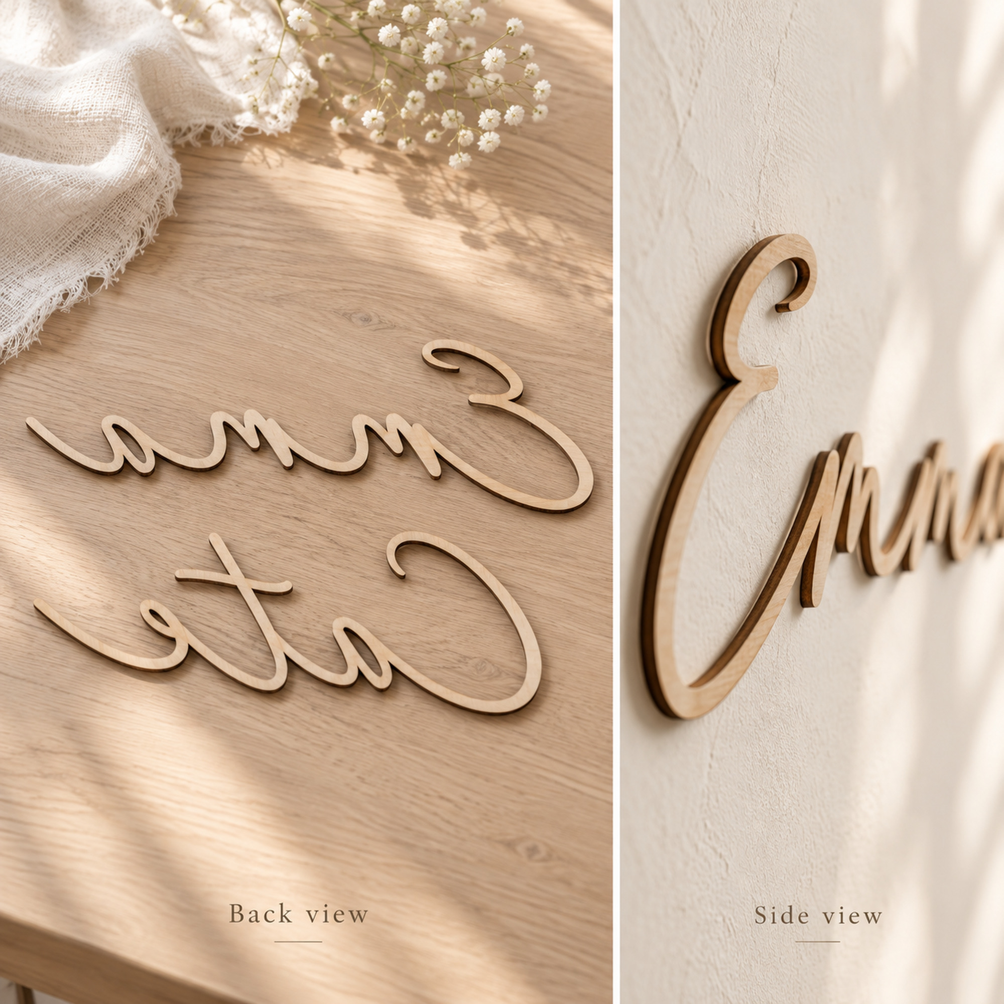 Back of a wooden nursery name sign on a table and a side view of it sitting flat against the wall.