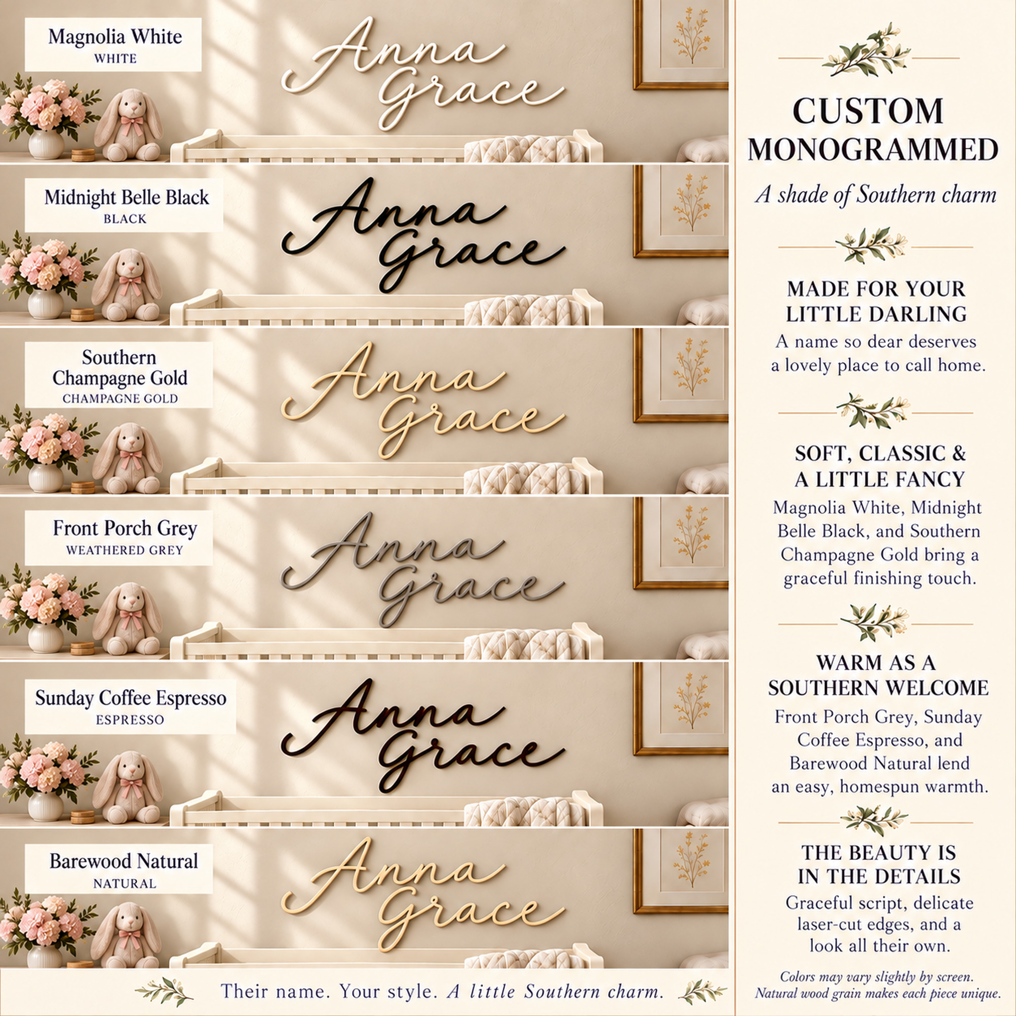 Color chart showing the name Anna Grace in six colors: Magnolia White, Midnight Belle Black, Southern Champagne Gold, Front Porch Grey, Sunday Coffee Espresso and Barewood Natural.