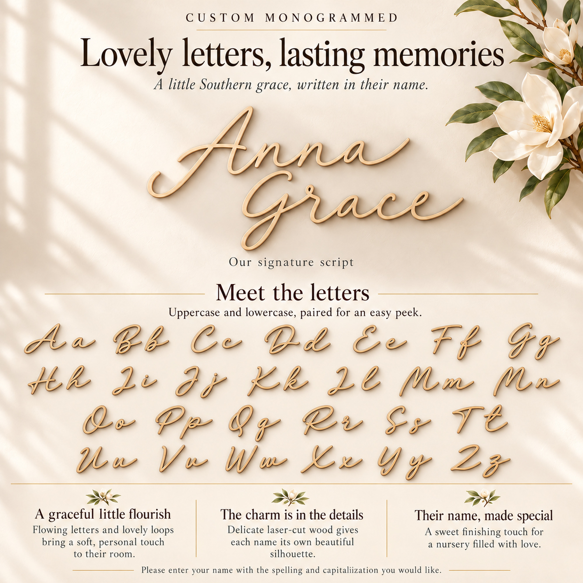 Letter chart for the script lettering on a wooden nursery name sign, showing the name Anna Grace and every uppercase and lowercase letter.