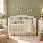 Wooden name sign reading Olivia in script lettering, 27 inches wide, hanging on a sage green wall above a white crib in a nursery.