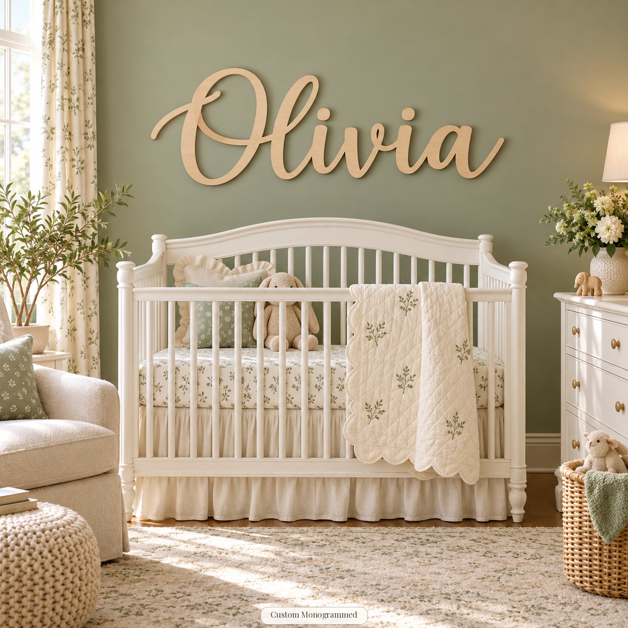 Wooden name sign reading Olivia in script lettering, 27 inches wide, hanging on a sage green wall above a white crib in a nursery.