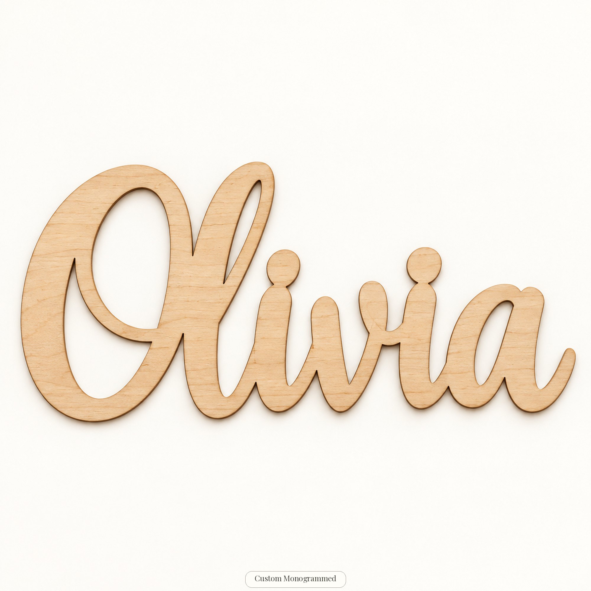 Unpainted natural wood name sign reading Olivia in script lettering, shown flat on a plain off-white background.