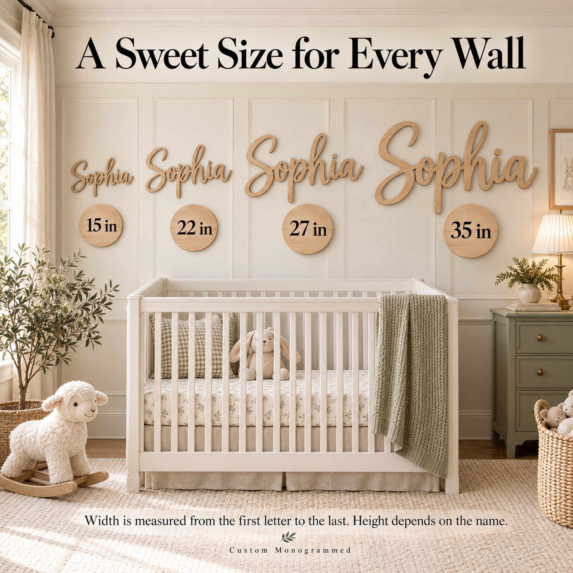 Size guide showing the name Sophia in script at 15, 22, 27 and 35 inches wide, with a note that width is measured from the first letter to the last.