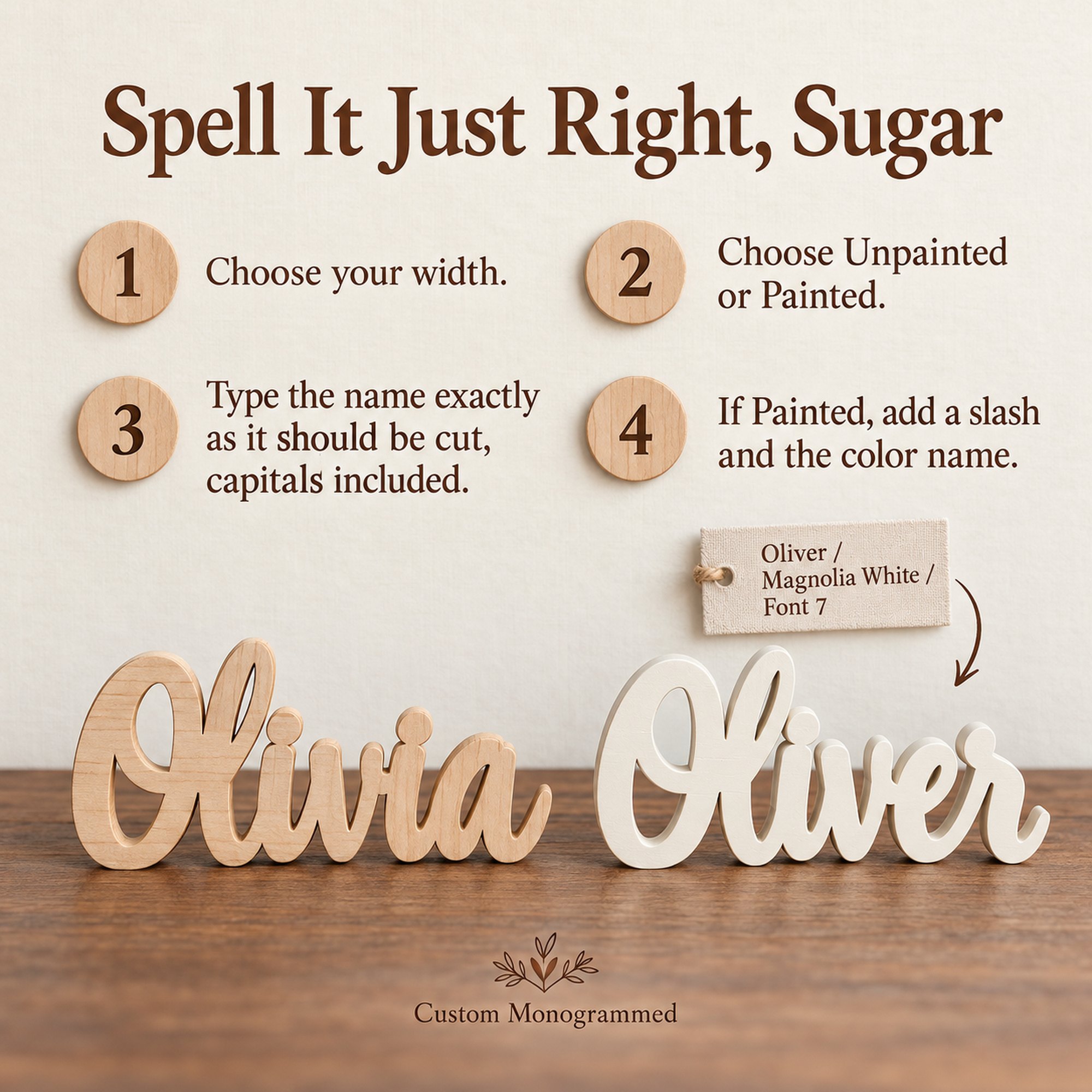 Order guide: choose your width, choose Unpainted or Painted, type the name as it should be cut, and add a slash and the color name if Painted.