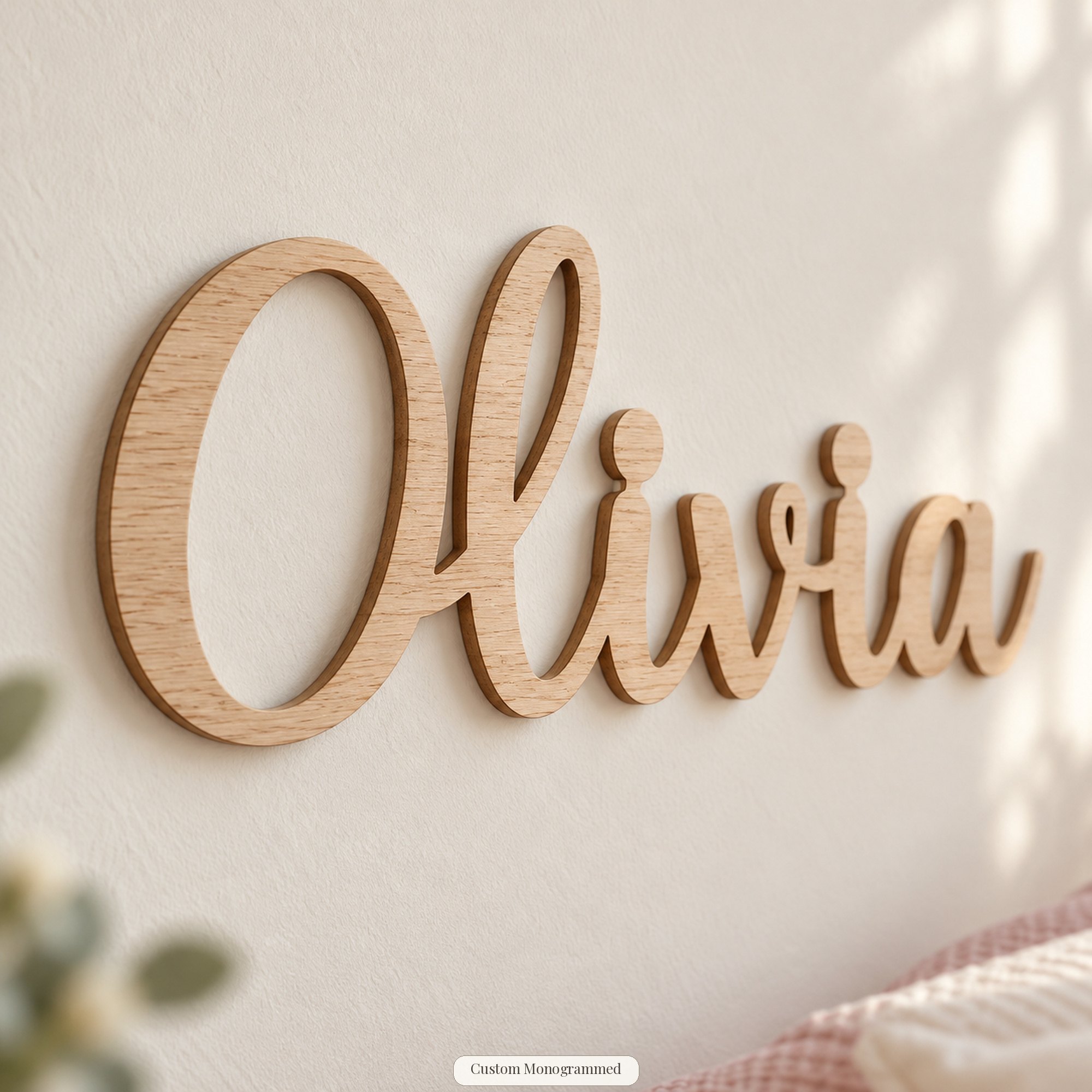 Close-up from the side of a wooden script name sign reading Olivia on a cream wall, showing the wood grain and cut edge.