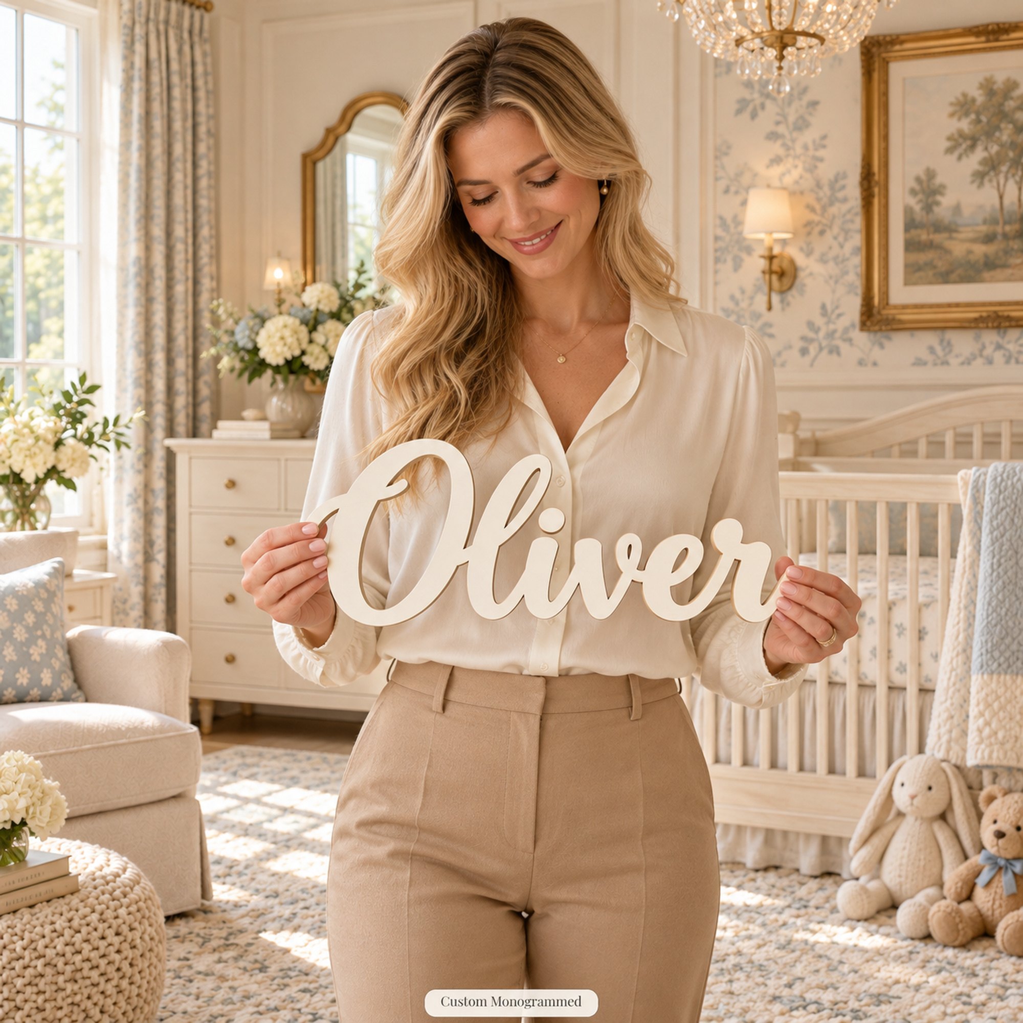 Woman in a cream blouse holding a painted white wooden name sign reading Oliver at chest height in a nursery, to show its size.