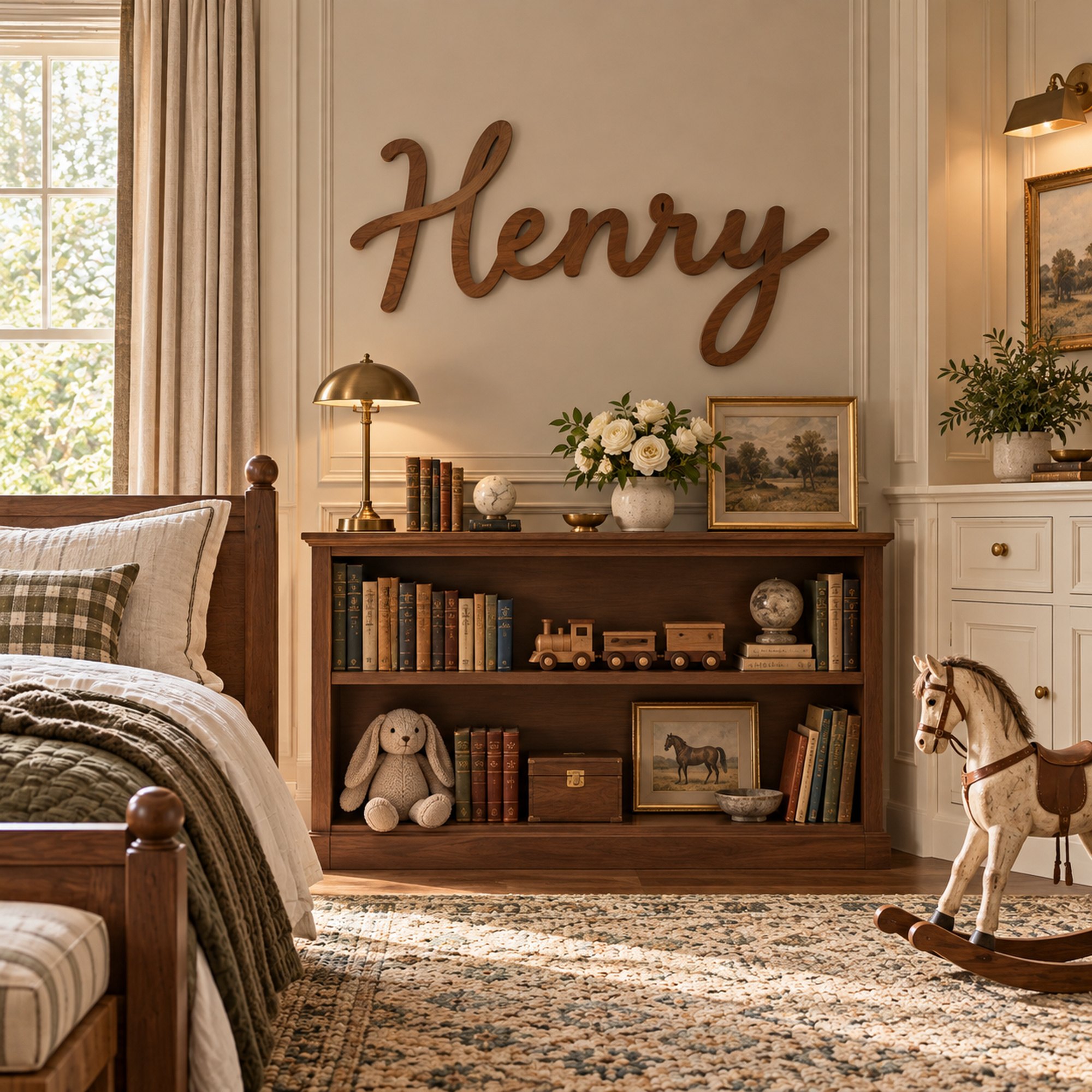 Wooden name sign reading Henry in script on a paneled wall above a wooden bookshelf with books and toy trains in a boy's room.