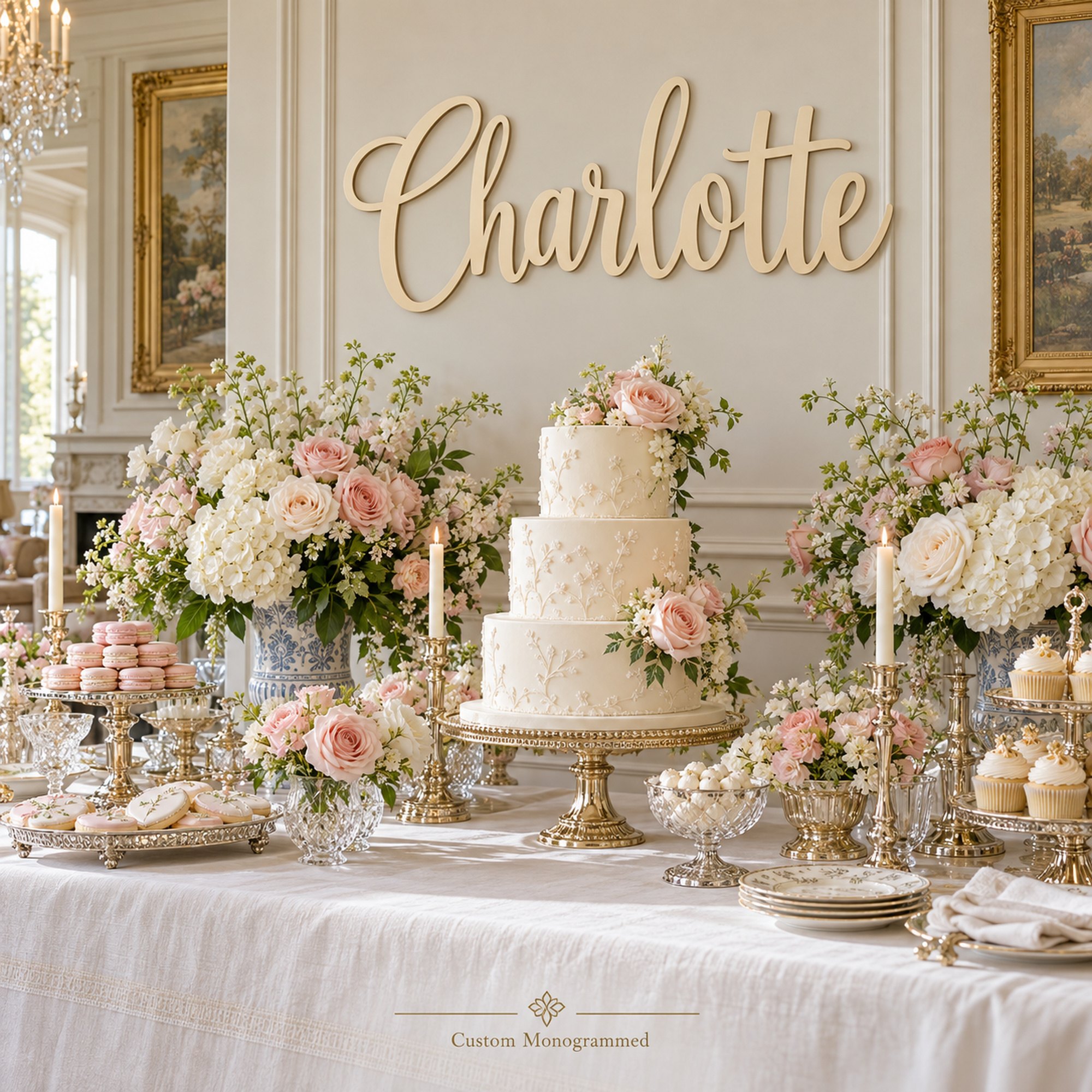 Wooden name sign reading Charlotte in champagne script on a wall above a baby shower dessert table with a tiered cake and pink roses.