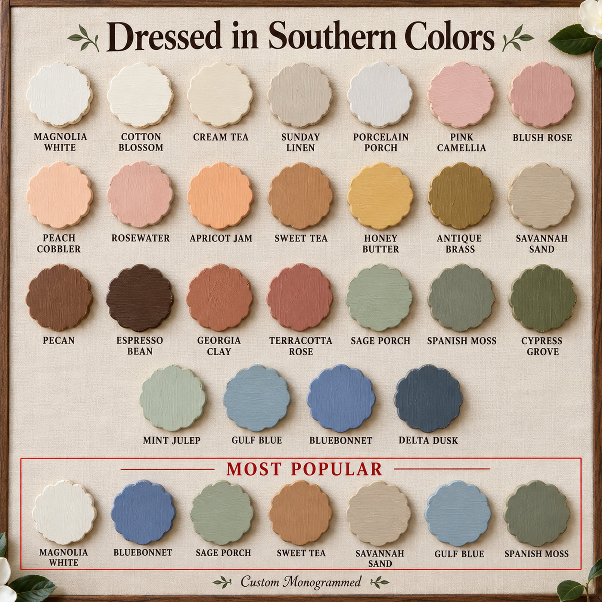 Southern color chart for the wooden name sign: every paint color we offer as a named swatch, with a most popular row, including Magnolia White and Sweet Tea.