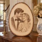 Oval basswood slice with a bark edge engraved with a laughing bride and groom, on a wood console beside a brass candlestick and a blue and white pitcher of dried hydrangeas.