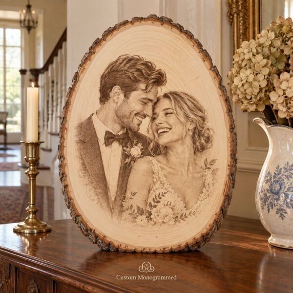 Oval basswood slice with a bark edge engraved with a laughing bride and groom, on a wood console beside a brass candlestick and a blue and white pitcher of dried hydrangeas.