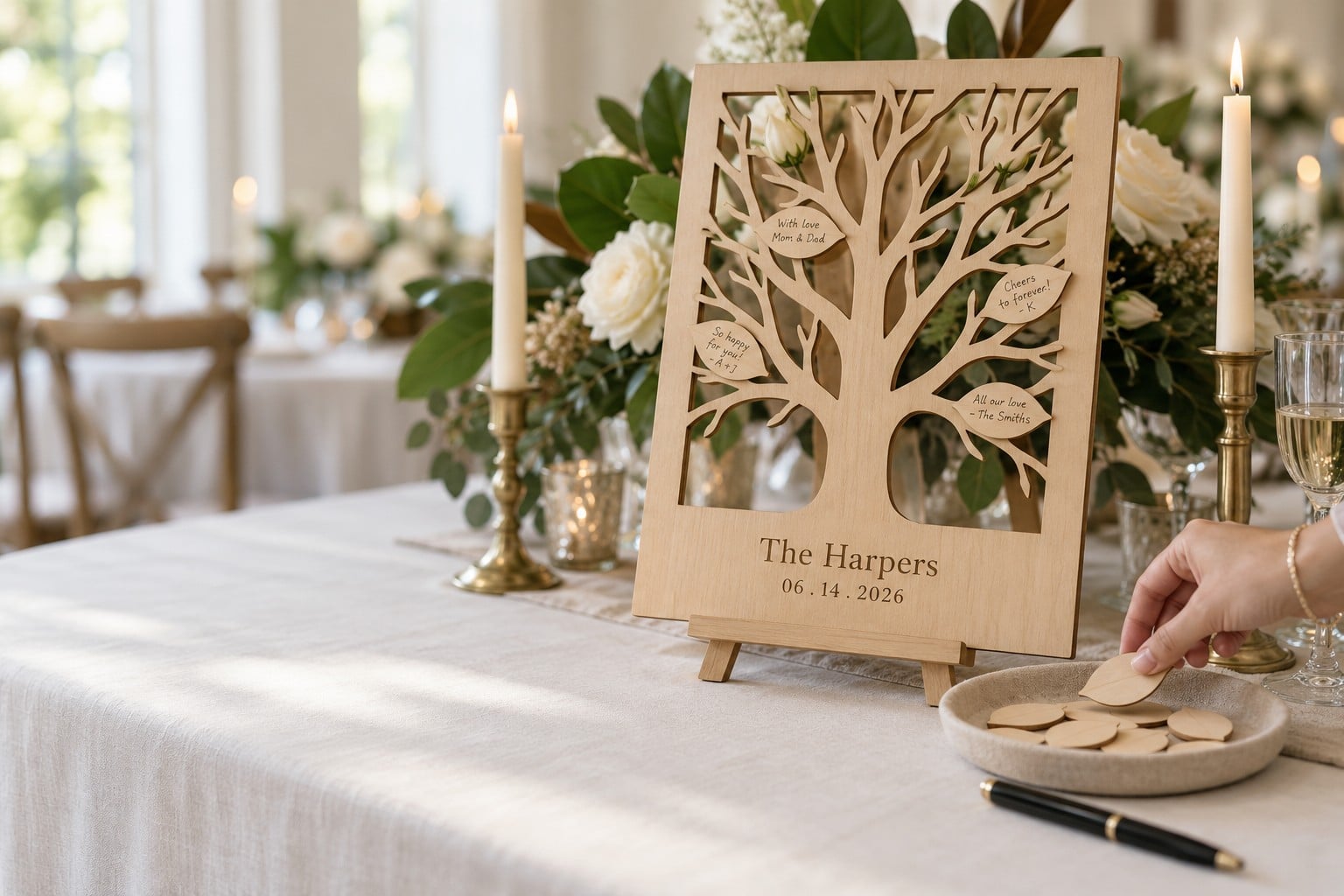 A light-wood tree guest book reading The Harpers 06.14.2026 on an easel at a wedding table, a guest reaching for a wooden leaf to sign