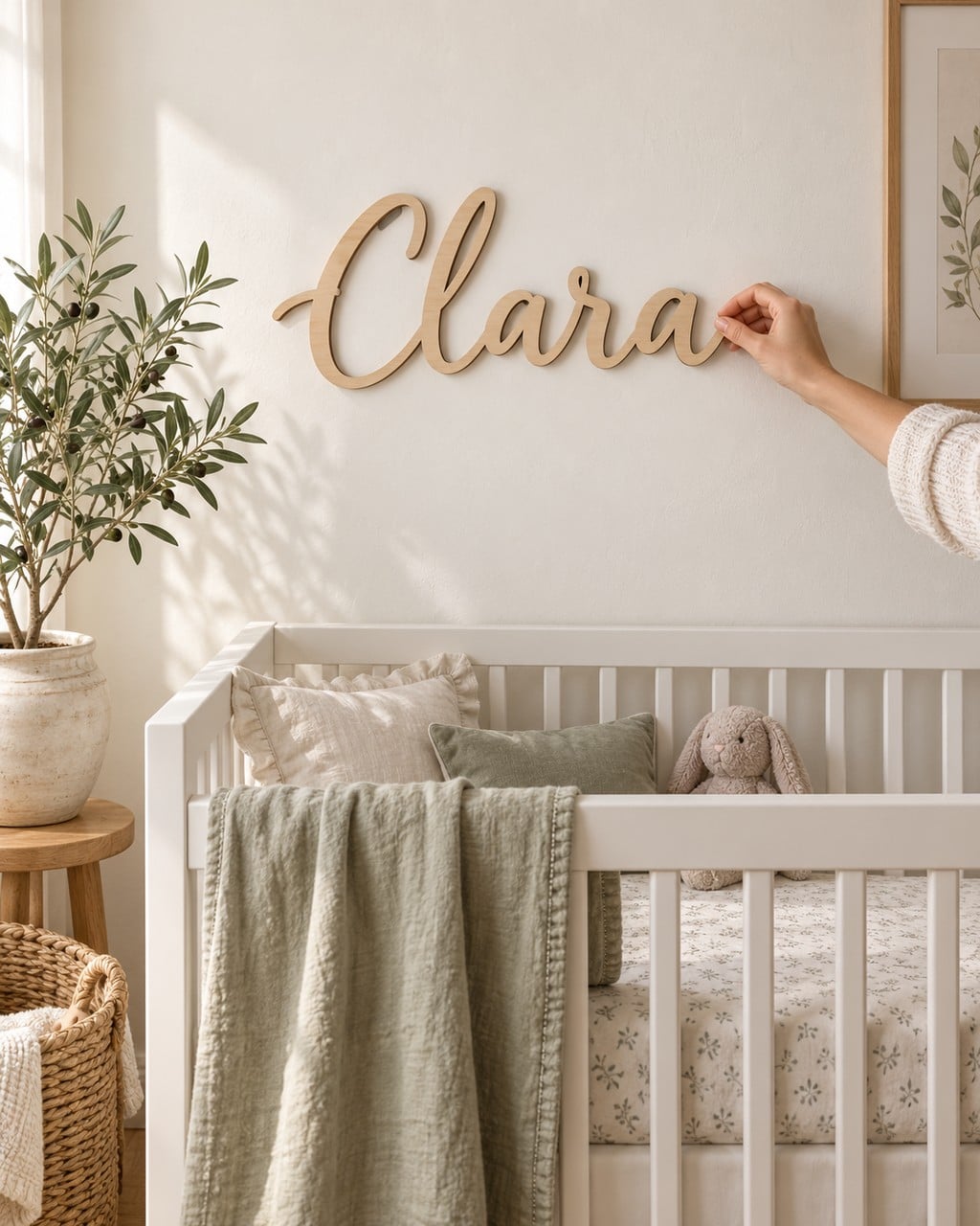 A natural wood script name sign reading Clara being straightened on a nursery wall above a white crib
