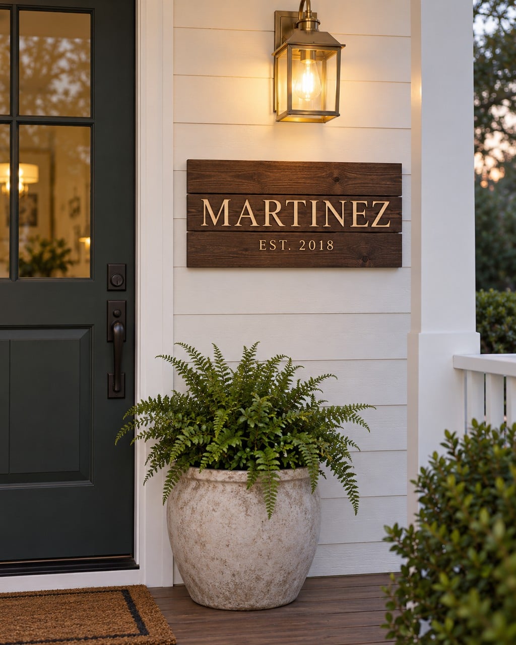 A dark walnut family name sign reading Martinez Est. 2018 beside a front door under a porch lantern