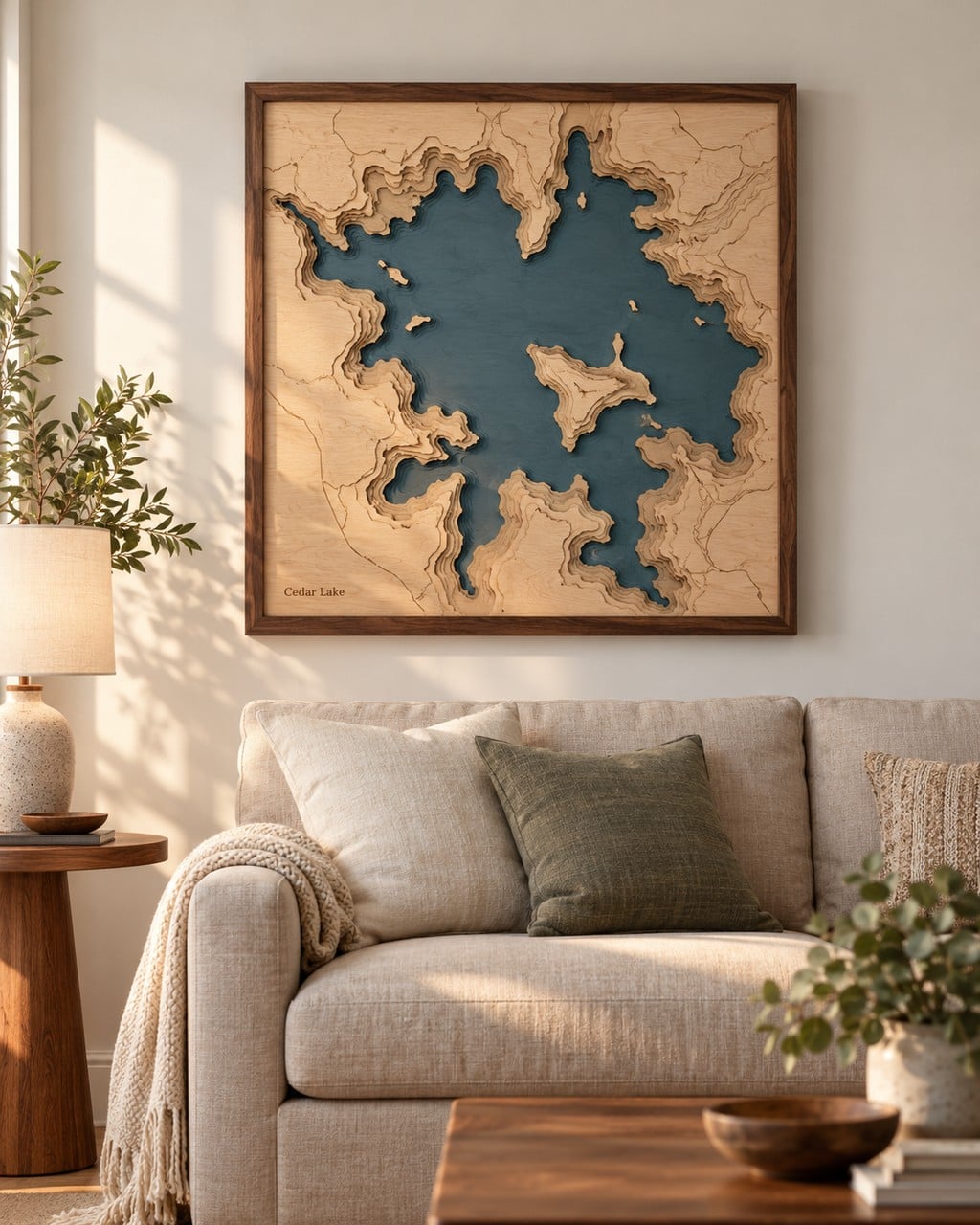 A layered wood lake map in a walnut frame above a linen sofa