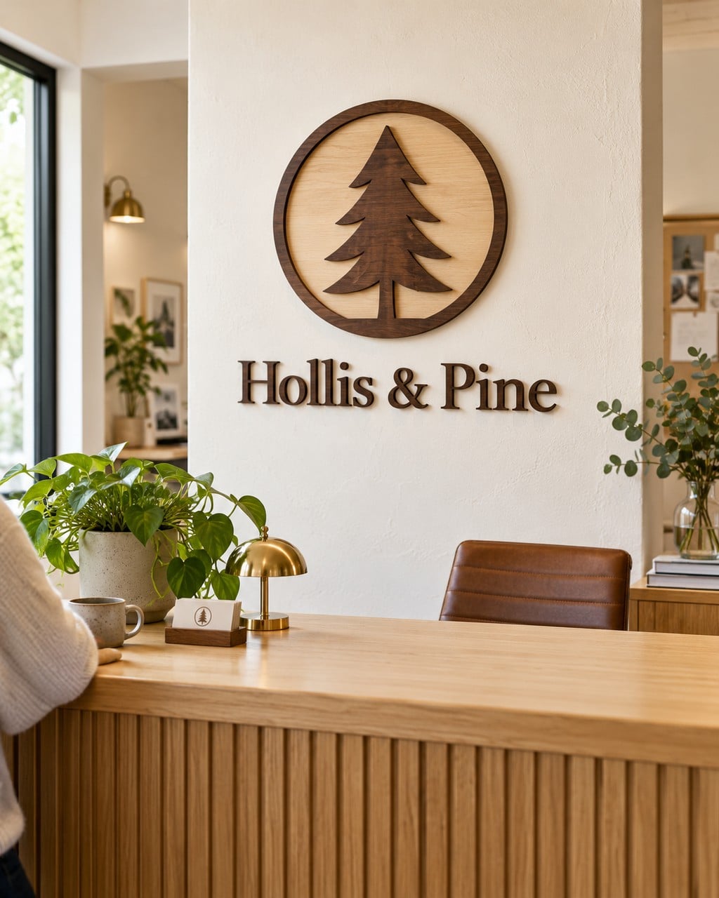 A layered wood logo sign with a pine tree on a reception wall above an oak counter