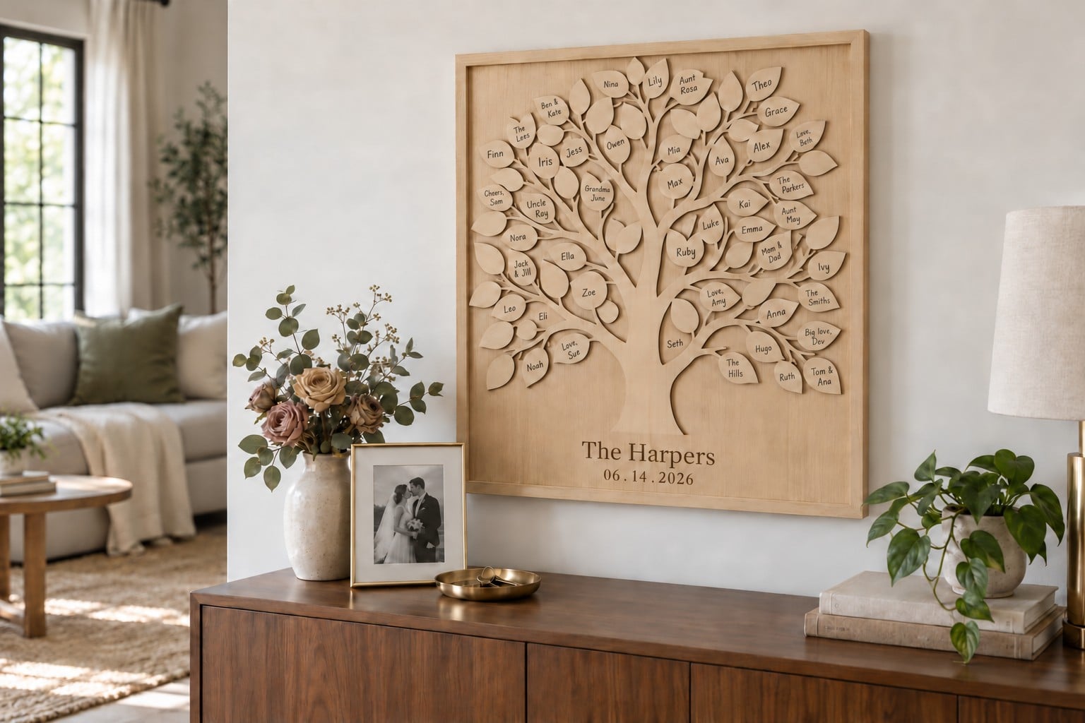 A signed tree guest book reading The Harpers hung above a walnut console with a wedding photo