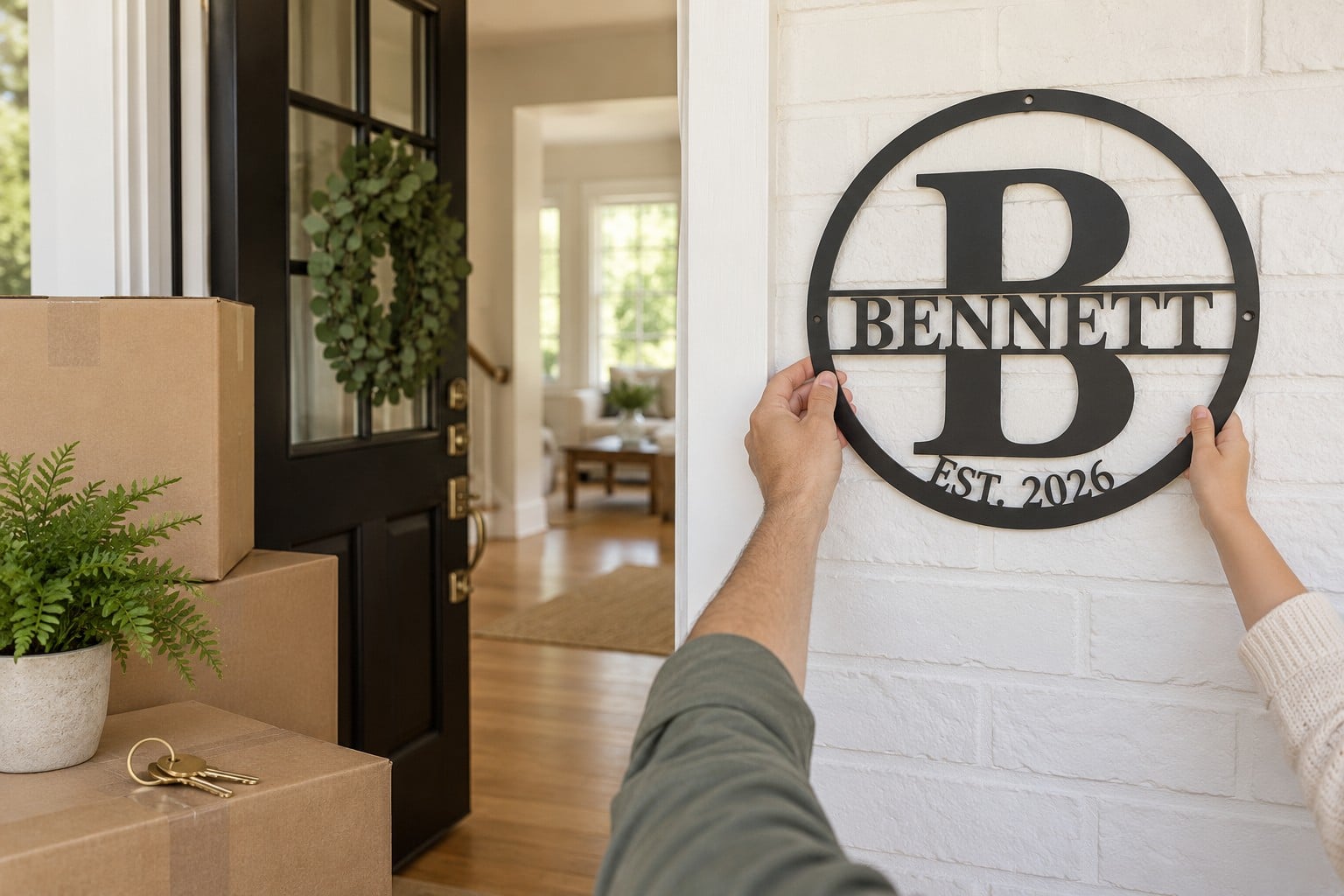 Two people holding a black steel Bennett monogram sign beside a front door on moving day
