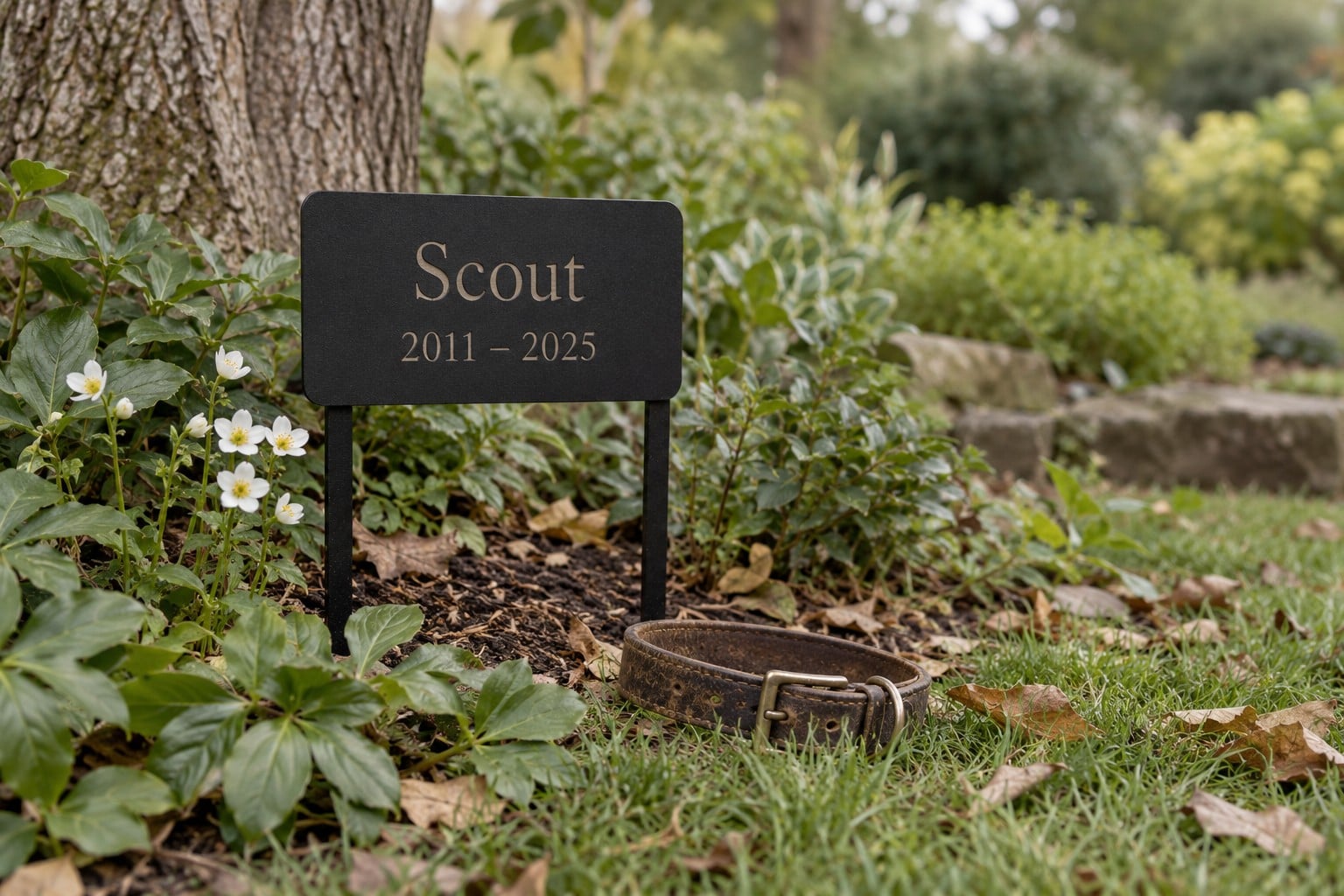 A black steel pet memorial marker reading Scout 2011 to 2025 in a garden bed with a leather collar beside it