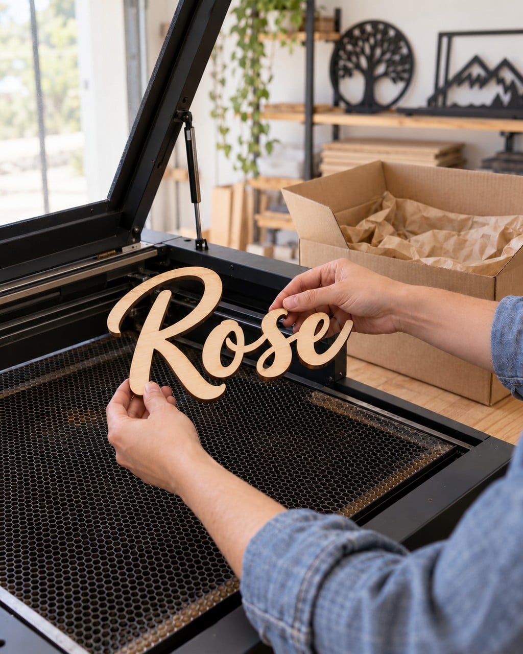 Hands lifting a cut wood Rose sign off a laser bed, a packing box beside it