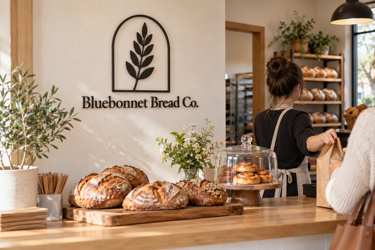A black steel bakery logo sign on a wall above a counter of fresh bread